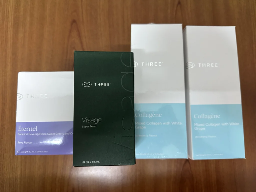 THREE 入門套裝四盒產品:Éternel、Visage Super Serum、兩盒 Collagène